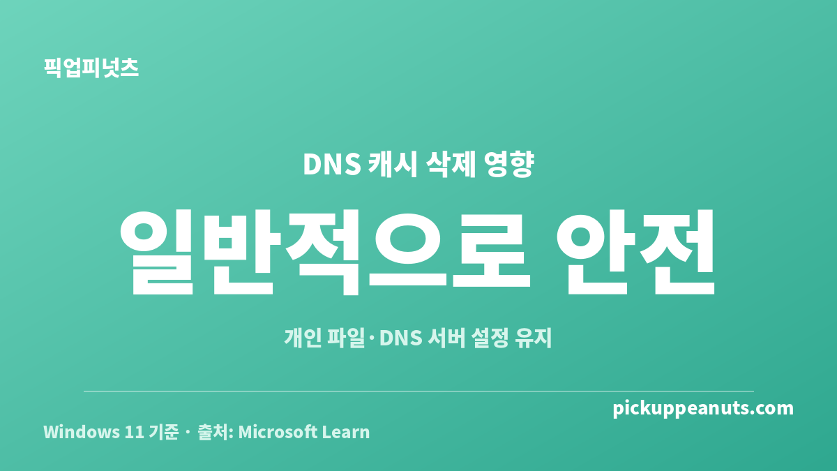 DNS 캐시 삭제 방법과 개인 파일 및 DNS 설정에 미치는 영향을 정리한 Windows 11 안내 카드