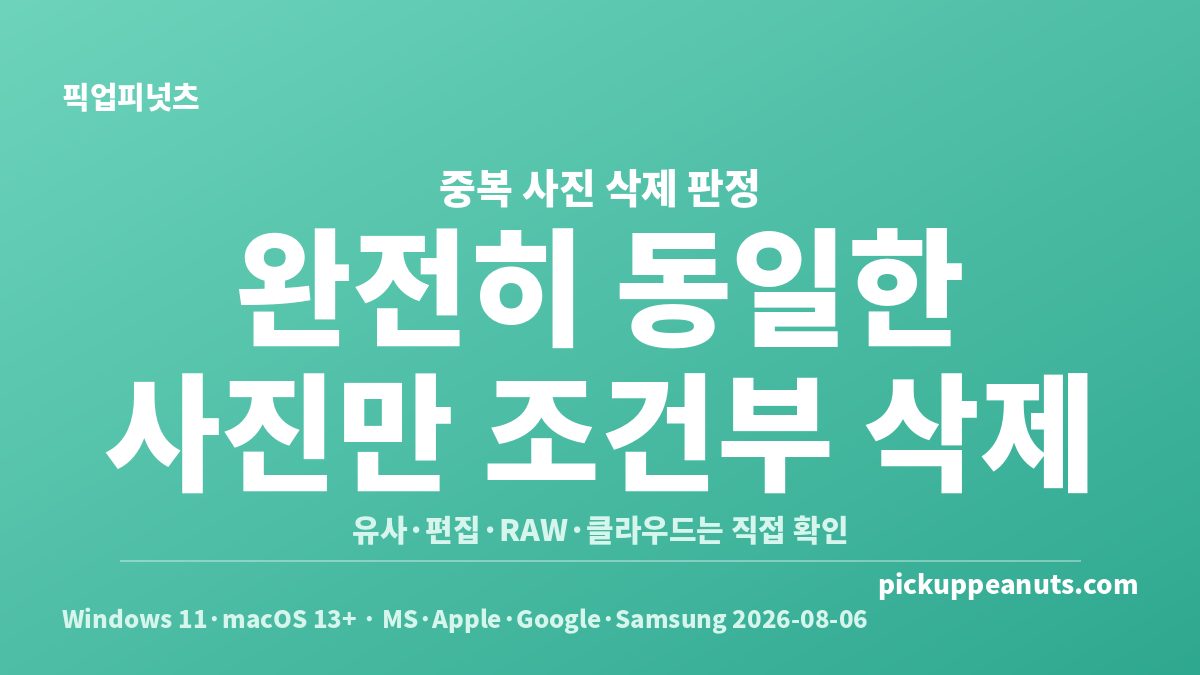 중복 사진 정리하는 방법에서 완전히 동일한 사진만 조건부 삭제하는 기준 카드