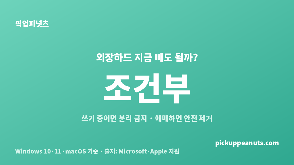 외장하드 안전하게 분리하는 방법을 상황별로 보여주는 조건부 판정 카드