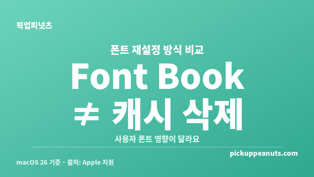 맥 폰트 캐시 재설정에서 Font Book과 터미널 방식의 차이를 비교한 카드