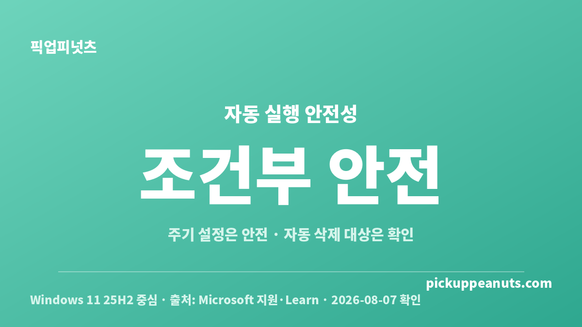 저장 공간 센스 자동 실행 주기 설정과 휴지통·다운로드 자동 삭제 주의점을 요약한 카드